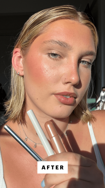 Gunderman after applying the Victoria Beckham Lip Liner Refy Blur Liner Crayon Rhode Peptide Lip Tint Combo