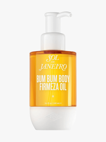 Sol de Janeiro Bum Bum Firmeza Body Oil in transparent bottle component on a light gray background